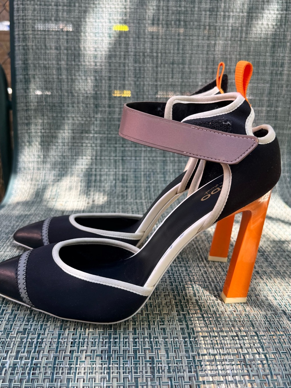 ALDO Black Pumps with Orange Block Heels and Mauve Ankle Strap